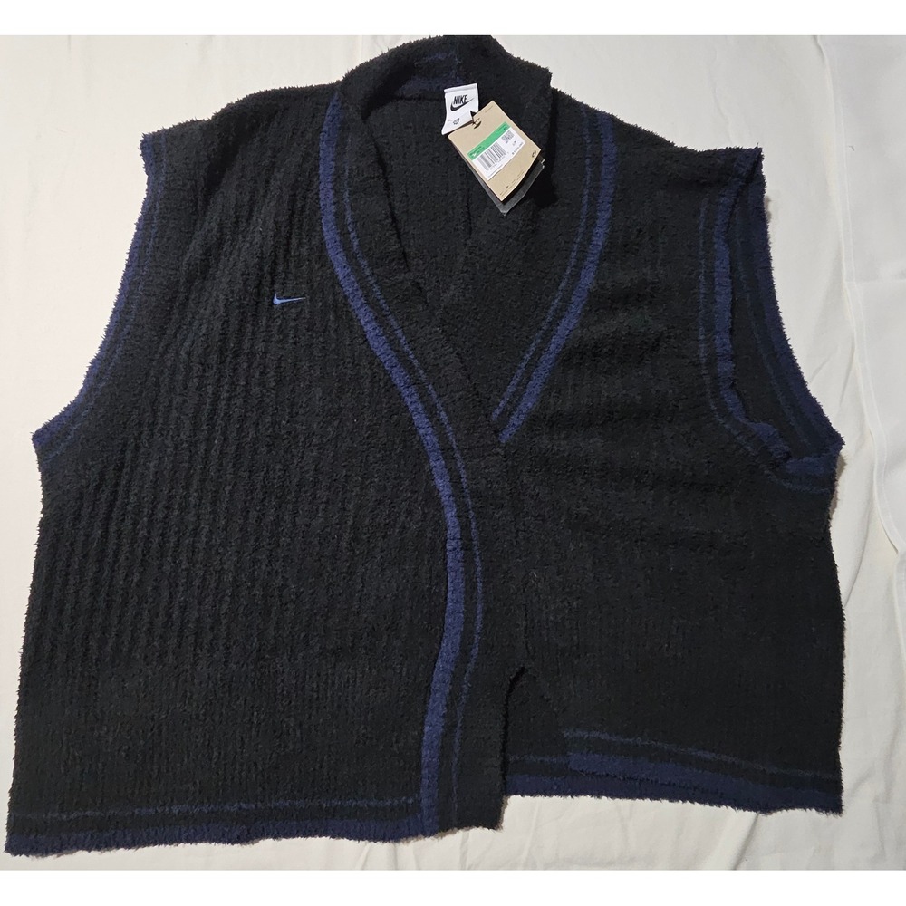 Nike Sweater Vest Womens XL Black Navy Oversized Textured Knit FN3886-010 NWT